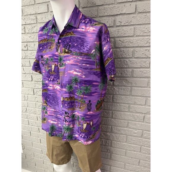 Paradise Men Purple Cayman Islands Tropical Short Sleeve Shirt Size L - Picture 3 of 11
